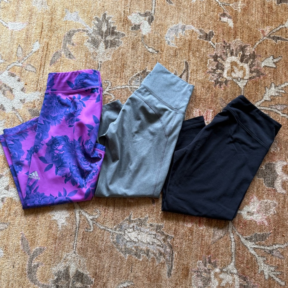 Adidas Capri S 3/4 Leggings 3 pairs - Floral Purple, Gray, Black Zella